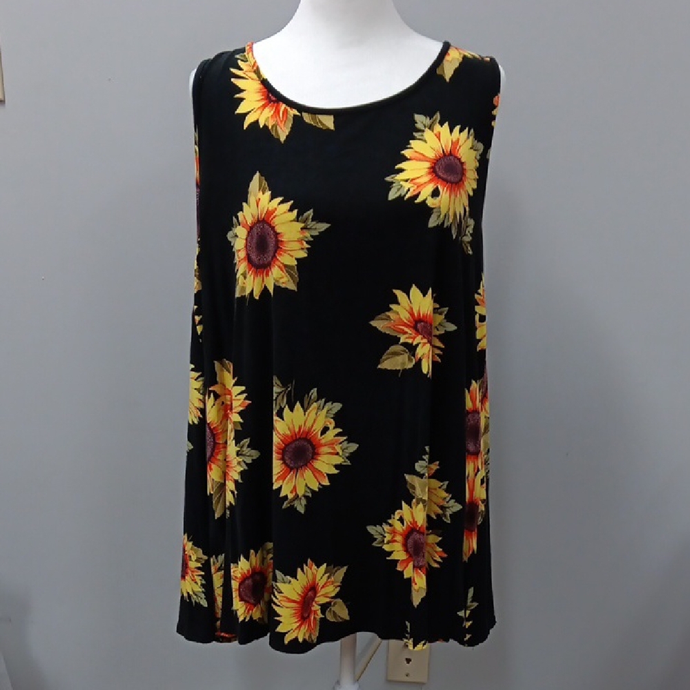 LARA Black and Yellow Relaxed Tank Top with Sunflower Print